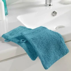 2 gants de toilette 15 x 21 cm eponge unie tendresse Bleu Paon