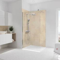2 panneaux muraux de salle de bains l.100 x H.210 cm, effet pierre beige, Schulte DecoDesign