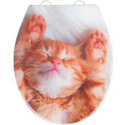 Abattant WC Chaton - Bois - Blanc et orange