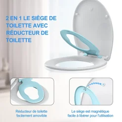 Abattant WC Familial TODOT forme Ovale avec Siège Enfant Bleu Magnétique Retirable et Frein de Chute