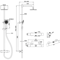 AICA Colonne de douche thermostatique noire mate, avec douche de tête ronde et douchette à main réglable en plusieurs modes