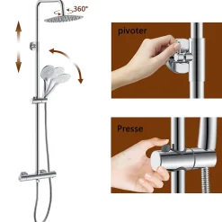 AICA colonne de douche thermostatique avec douche de tête ronde de 250 mm, douchette à main 3 fonctions, hauteur réglable