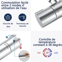AICA colonne de douche thermostatique avec douche de tête ronde de 200 mm, douchette à main 3 fonctions, hauteur réglable