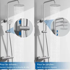 AICA colonne de douche thermostatique avec douche de tête ronde de 200 mm, douchette à main 3 fonctions, hauteur réglable