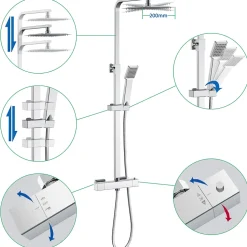 AICA colonne de douche thermostatique avec pomme de tête,Carré, douchette et flexible,effet chromé