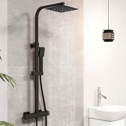AICA colonne de douche thermostatique avec pomme de tête, douchette et flexible,noir mat, Carré