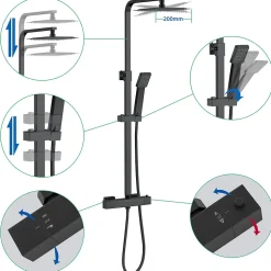 AICA colonne de douche thermostatique avec pomme de tête, douchette et flexible,noir mat, Carré