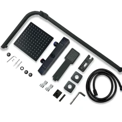 AICA colonne de douche thermostatique avec pomme de tête, douchette et flexible,noir mat, Carré