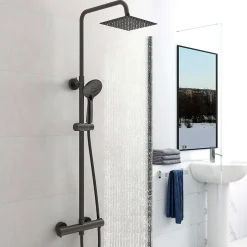 AICA colonne de douche thermostatique noir mat avec douche de tête carrée, réglable selon plusieurs modes, réglable en hauteur