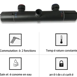 AICA colonne de douche thermostatique noir mat avec douche de tête carrée, réglable selon plusieurs modes, réglable en hauteur