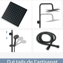 AICA colonne de douche thermostatique noir mat avec douche de tête carrée, réglable selon plusieurs modes, réglable en hauteur