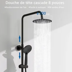 AICA colonne de douche thermostatique avec douche de tête ronde de 200 mm, douchette à main 3 fonctions, noir,hauteur réglable