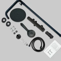 AICA colonne de douche thermostatique avec douche de tête ronde de 200 mm, douchette à main 3 fonctions, noir,hauteur réglable
