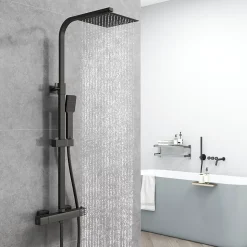 AICA colonne de douche thermostatique noir mat avec douche de tête carrée 20X20cm, réglable en hauteur 730-1150mm