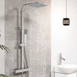 AICA colonne de douche thermostatique avec pomme de tête, douchette et flexible,effet chromé,Carré