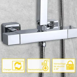 AICA colonne de douche thermostatique noir mat avec douche de tête carrée 20X20cm, réglable en hauteur 730-1150mm