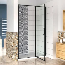 Aica porte de douche pivotante 120x185cm noir mat en 6mm verre anticalcaire installation en niche