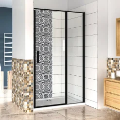 Aica porte de douche pivotante 100x185cm noir mat en 6mm verre anticalcaire installation en niche
