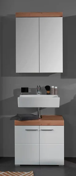 AMANDA - Ensemble salle de bain 2 pièces. mélaminé couleur chêne/blanc brillant L - H - P : 60 - 190 - 34 cm