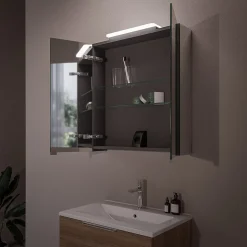 Amoire de toilette suspendue 120x19x72,5cm (LxPxH), 3 portes mirroir, éclairage LED + prise électrique, Charnières mobiles, NEO