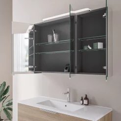Amoire de toilette suspendue 100x19x72,5cm (LxPxH), 3 portes mirroir, éclairage LED + prise électrique, Charnières mobiles, NEO