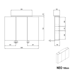 Amoire de toilette suspendue 100x19x72,5cm (LxPxH), 3 portes mirroir, éclairage LED + prise électrique, Charnières mobiles, NEO
