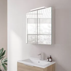 Amoire de toilette suspendue 60x19x72,5cm (LxPxH), 2 portes mirroir, éclairage LED + prise électrique, Charnières mobiles, NEO