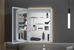 Armoire à glace aluminium murale salle de bain + toilettes, étagère + miroir LED encastrée + prise, UP7012, H.70cm, Largeur 50cm