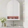 Armoire à miroir cintrée blanche avec cadre métal, armoire murale à étagères réglables, rangement salle de bain, salon ou chambre