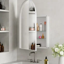 Armoire à miroir cintrée blanche avec cadre métal, armoire murale à étagères réglables, rangement salle de bain, salon ou chambre