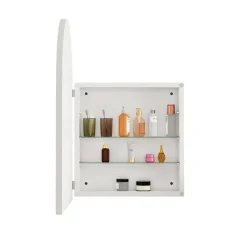 Armoire à miroir cintrée blanche avec cadre métal, armoire murale à étagères réglables, rangement salle de bain, salon ou chambre