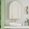Armoire à miroir cintrée dorée avec cadre métal, armoire murale à étagères réglables, rangement salle de bain, salon ou chambre