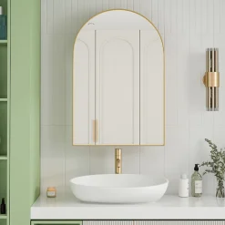 Armoire à miroir cintrée dorée avec cadre métal, armoire murale à étagères réglables, rangement salle de bain, salon ou chambre