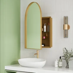 Armoire à miroir cintrée dorée avec cadre métal, armoire murale à étagères réglables, rangement salle de bain, salon ou chambre