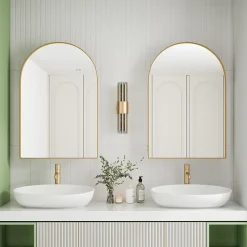 Armoire à miroir cintrée dorée avec cadre métal, armoire murale à étagères réglables, rangement salle de bain, salon ou chambre