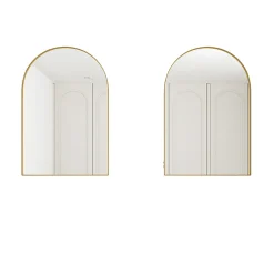 Armoire à miroir cintrée dorée avec cadre métal, armoire murale à étagères réglables, rangement salle de bain, salon ou chambre