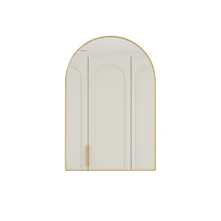 Armoire à miroir cintrée dorée avec cadre métal, armoire murale à étagères réglables, rangement salle de bain, salon ou chambre