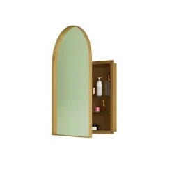 Armoire à miroir cintrée dorée avec cadre métal, armoire murale à étagères réglables, rangement salle de bain, salon ou chambre
