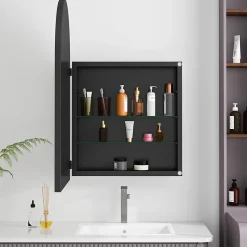 Armoire à miroir cintrée noire avec cadre métal, armoire murale à étagères réglables, rangement salle de bain
