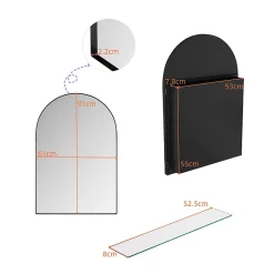 Armoire à miroir cintrée noire avec cadre métal, armoire murale à étagères réglables, rangement salle de bain