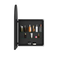 Armoire à miroir cintrée noire avec cadre métal, armoire murale à étagères réglables, rangement salle de bain