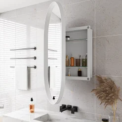 Armoire à miroir ovale blanche avec cadre métal, armoire murale à étagères réglables, rangement salle de bain, salon ou chambre