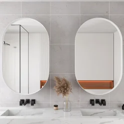Armoire à miroir ovale blanche avec cadre métal, armoire murale à étagères réglables, rangement salle de bain, salon ou chambre