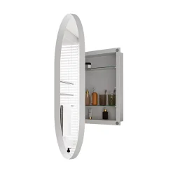 Armoire à miroir ovale blanche avec cadre métal, armoire murale à étagères réglables, rangement salle de bain, salon ou chambre