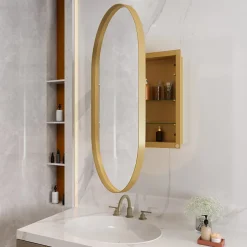 Armoire à miroir ovale dorée avec cadre métal, armoire murale à étagères réglables, rangement salle de bain, salon ou chambre