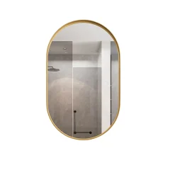 Armoire à miroir ovale dorée avec cadre métal, armoire murale à étagères réglables, rangement salle de bain, salon ou chambre