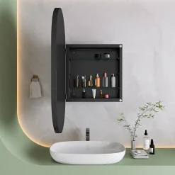 Armoire à Miroir Ovale Murale avec Cadre Métallique Noir - Meuble de Salle de Bain avec Étagères Réglables, 51.5x85 cm, Noir