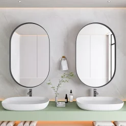 Armoire à Miroir Ovale Murale avec Cadre Métallique Noir - Meuble de Salle de Bain avec Étagères Réglables, 51.5x85 cm, Noir