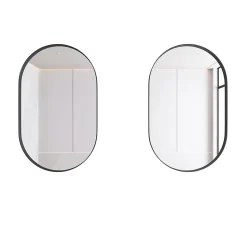 Armoire à miroir ovale noire avec cadre métal, meuble mural avec étagères réglables, rangement salle de bain