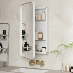 Armoire à miroir rectangulaire avec cadre métal, armoire murale à étagères réglables, pour salle de bain ou chambre, blanc
